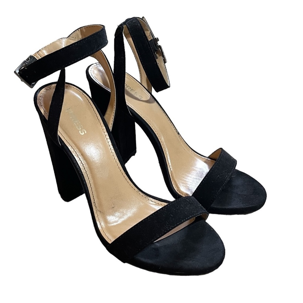 Express Faux Suede Ankle Strap Block Heel Sandal Black Size 7